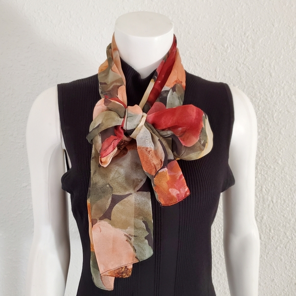 Vintage Accessories - Vintage Shabby Chic Earthtone Floral Chiffon Scarf